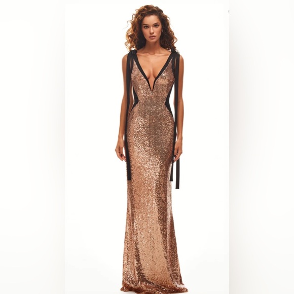 Milla Bizzare fully sequined tie-straps gold maxi dress, Smoky Quartz - Picture 2 of 4